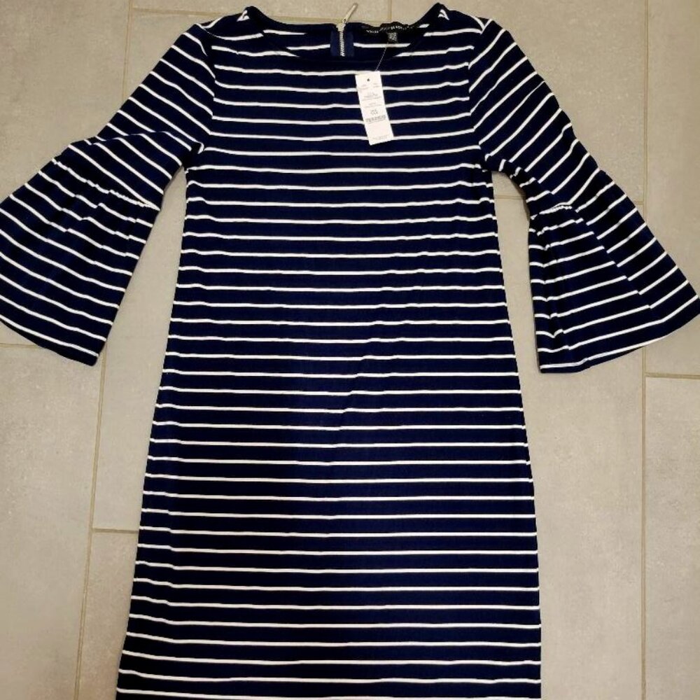NWT White House Black Market Navy/White Bell Sleeve Dress Sz XXS MSRP $120